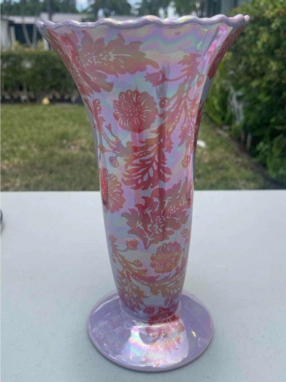 Anthropologie Iridescent Pink Floral Glass Vase